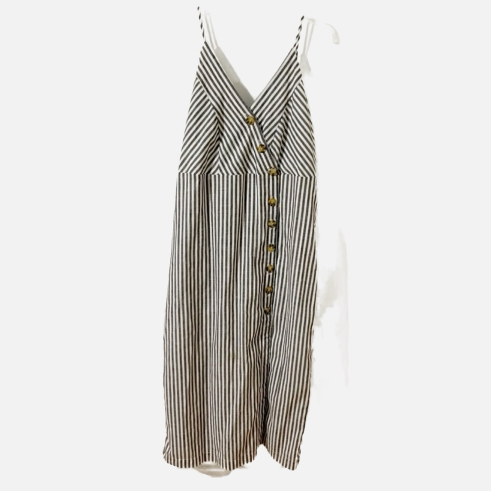 Forever 21 Asymmetrical Button Front Striped Sundress Smocking Adjustable Straps